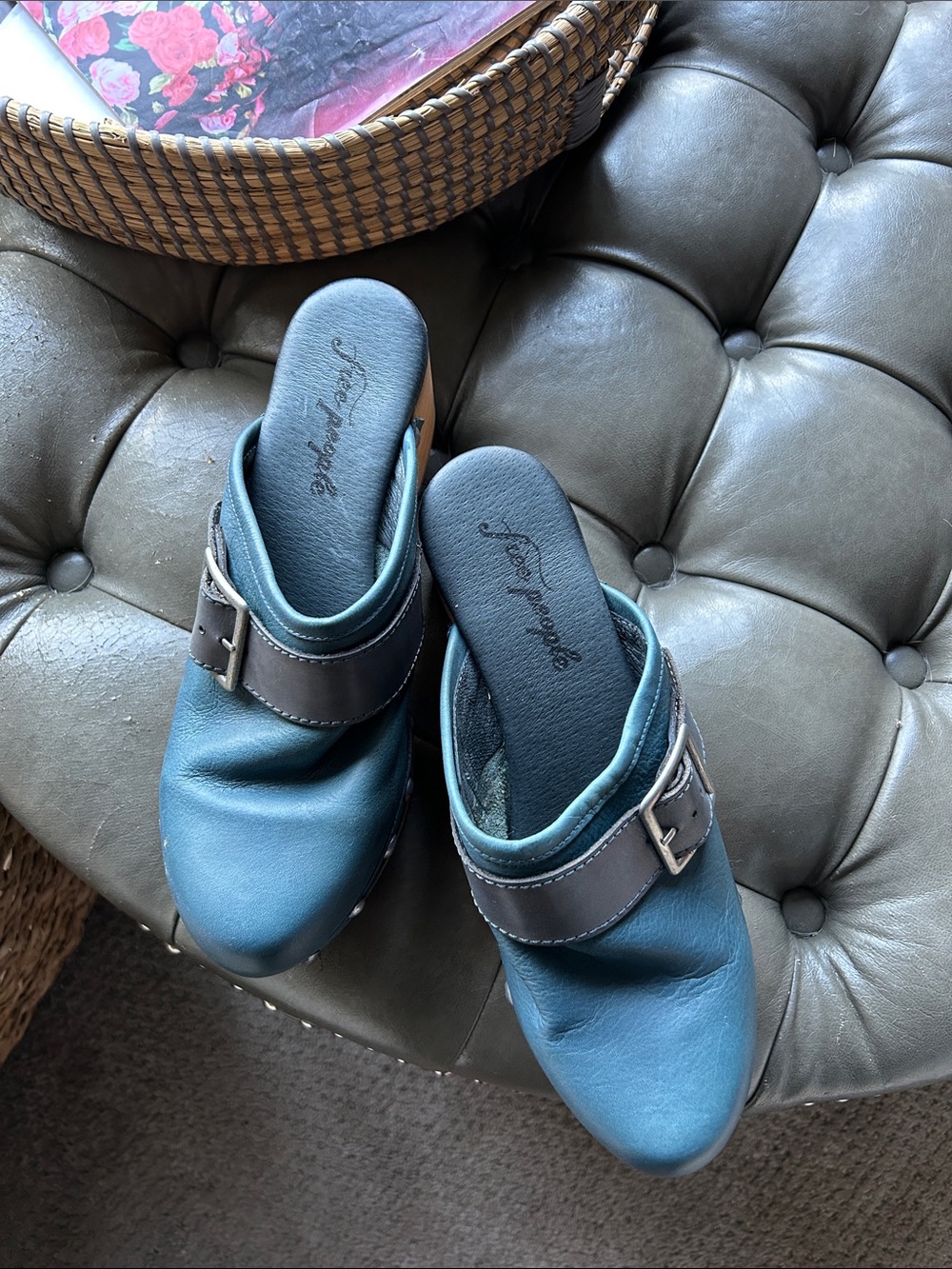 Free People Teal Slip-On Clogs with Buckle Detail